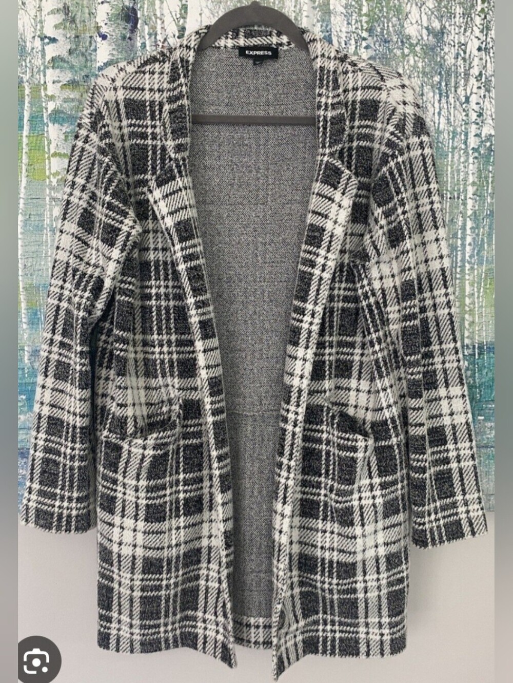 Express Black & White Plaid Open-Front Women's Sweater Coat Size S